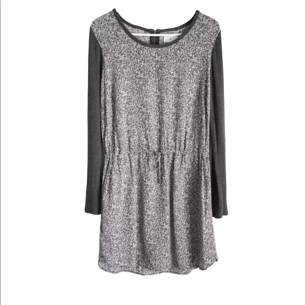 Lou & Grey Herringbone Print Cinch Waist Rayon Dress Long Sleeve Medium